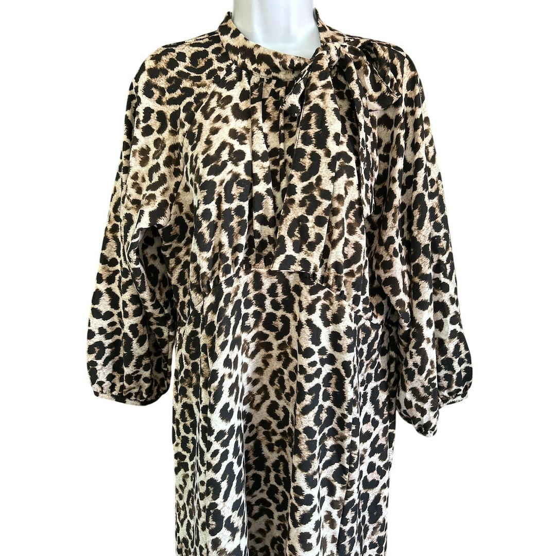Calvin Klein Leopard Print Midi Dress Neck Tie Empire Waist Dress Mock Neck  - Etsy