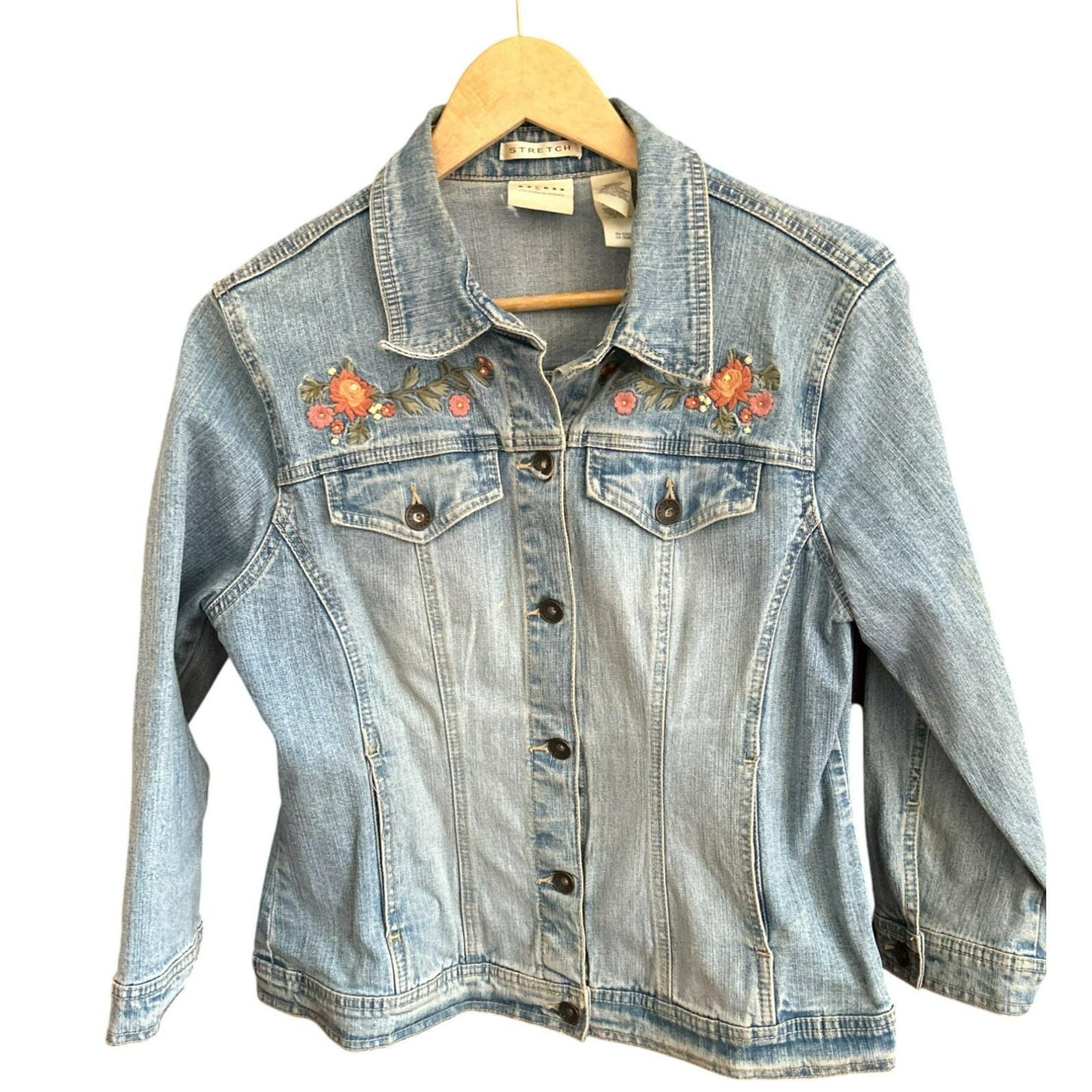 Vintage Axcess Liz Claiborne Embroidered Floral Denim Jacket Size
