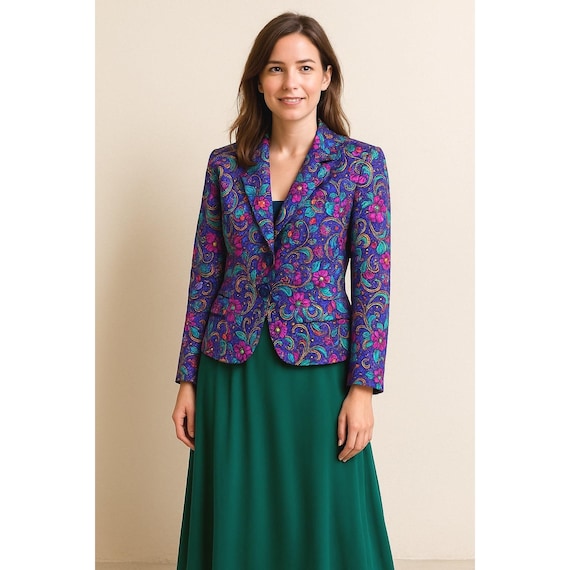 90s Adrianna Papell Plus Silk Paisley Jewel Tone Blazer Baroque