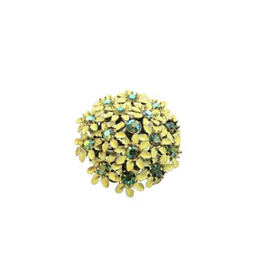 Vintage Yellow Green Floral Brooch, Unsigned  Rhinestone Spring Pin, Intricate
