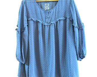Lane Bryant Women's Blue Swiss Dot Blouse Size 22/24 3/4 Sleeve Ruffle NWT