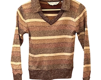 Klasyczny sweter w paski Licorice X w stylu lat 70. w stylu disco retro w odcieniach ziemi metaliczny