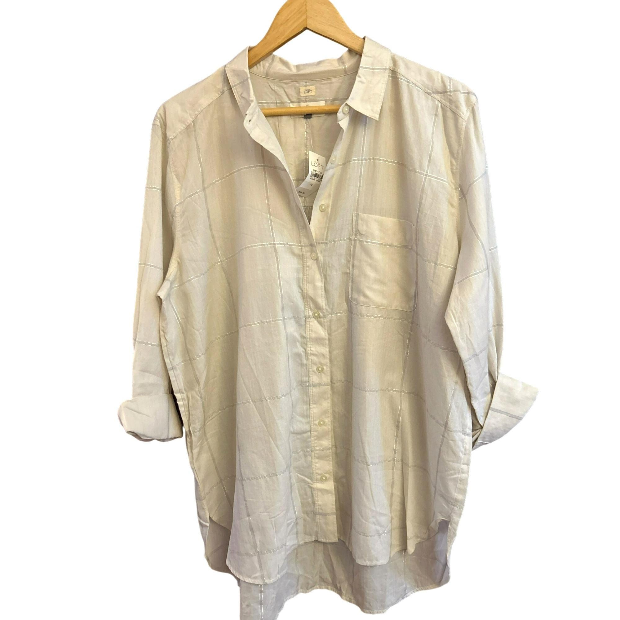 Loft Womens Cream Silver Plaid the Softened Shirt XL Relaxed Fit - Main Image