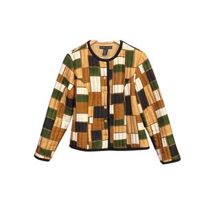 May include: A quilted jacket with a patchwork design in shades of brown, green, black, and cream. The jacket has a round collar, long sleeves, and a button-up front. The label reads "SILKLAND".