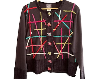 Susan Bristol Ltd. XL Hand Bestickter Schwarzer Cardigan Pullover