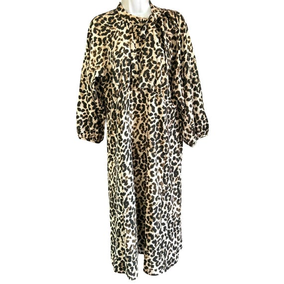 Calvin Klein Leopard Print Midi Dress Neck Tie Empire Waist Dress Mock Neck
