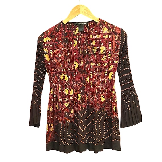 2K Vivienne Tam Blouse Red Gold Fallcore Bohemian Floral Pleated