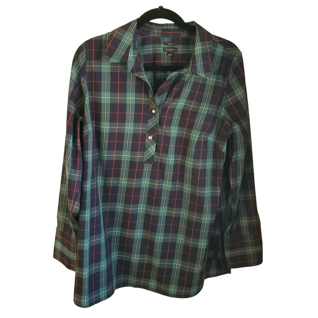 Buy Talbots Women's Green Tartan Plaid Blouse Size 10 Non Iron Rhinestone  Button Long Sleeve Online in India