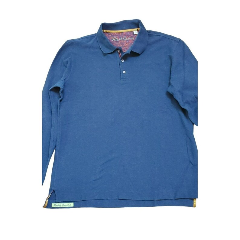 May include: A long-sleeved blue polo shirt with a button-up collar. The shirt has a small logo on the left side of the chest that reads "Robert Graham". The shirt also has a small green tag on the bottom left side that reads "Family Matters".