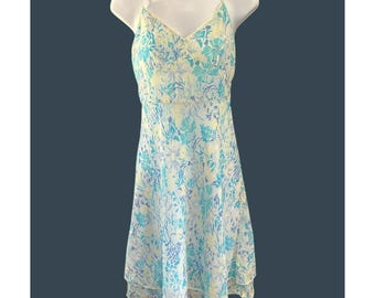 Y2K Vintage Women's Yellow Blue Silk Baby Doll Floral Slip Dress Sz 2P Coachella