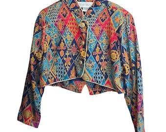 90s Richard Warren Silk Cropped Jacket Harlequin Whimsigoth Ornate Jewel Tone 16