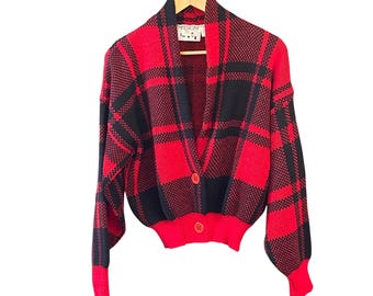 Vintage 80s Buffalo Plaid Cropped Cardigan Made England Grunge Punk Knit Small