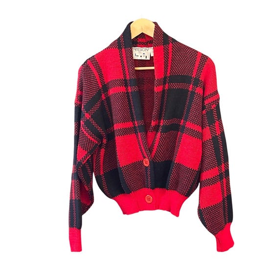 Vintage 80s Buffalo Plaid Cropped Cardigan Made England Grunge 