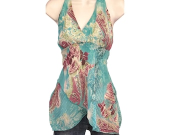 Top halter vintage Byer California Y2K Boho Fairycore Paisley Verde azulado Dorado Brillante