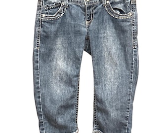 Jeans capri WallFlower Année 2000 McBling avec strass décorés, délavage moyen, taille 1