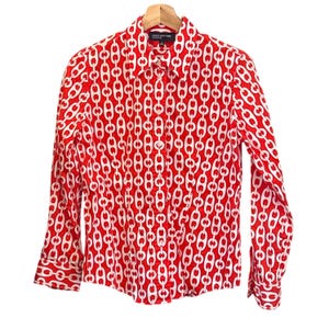 90s Jones New York Button Up Shirt Nautical Preppy Red White Chain Link Blouse