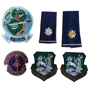 May include: A collection of military patches and insignia. Includes a patch with a green alligator and missile, two blue shoulder boards with gold and silver leaf designs, and two patches with a soldier and deer.