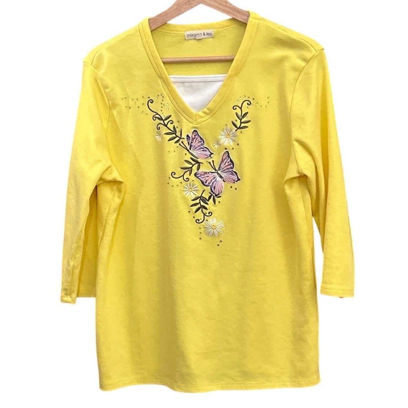 Margaux & Lexi Yellow Butterfly Embroidered V Neck 3/4 Sleeve Top
