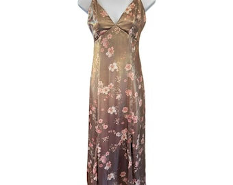 WAYF Braun Metallic Satin Floral Babykleid Midikleid Size Small Cottagecore