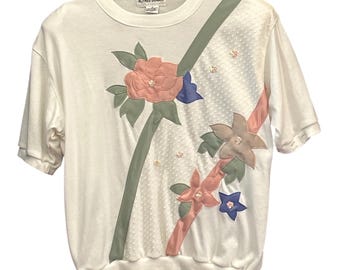 Sudadera vintage de los 90 Alfred Dunner con estampado floral, estilo cottagecore, estilo abuela, color crema, talla S