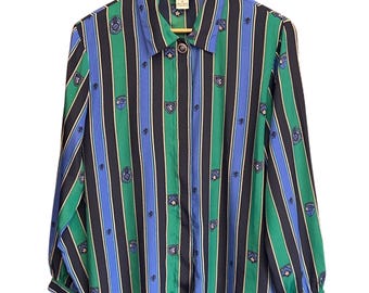 Camicetta vintage Koret con bottoni, stile Dark Academia, a righe equestri, blu e verde