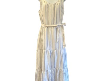 Talbots White Blue Striped Sleeveless Linen Blend Tiered Maxi Dress NWT Size 16