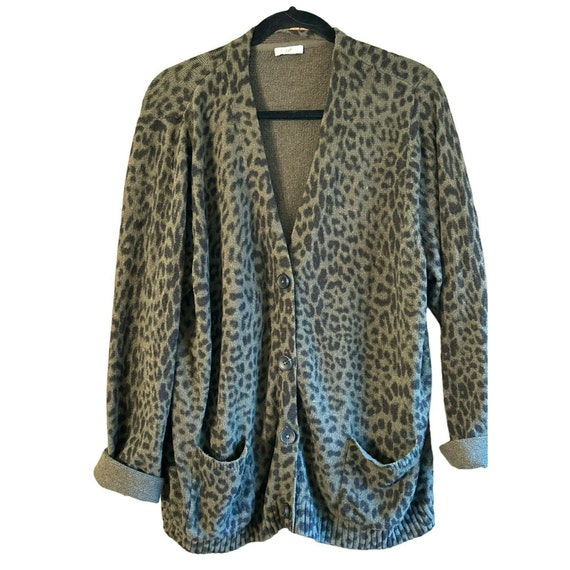 J Jill Women's Dark Green Black Leopard Print Button Front