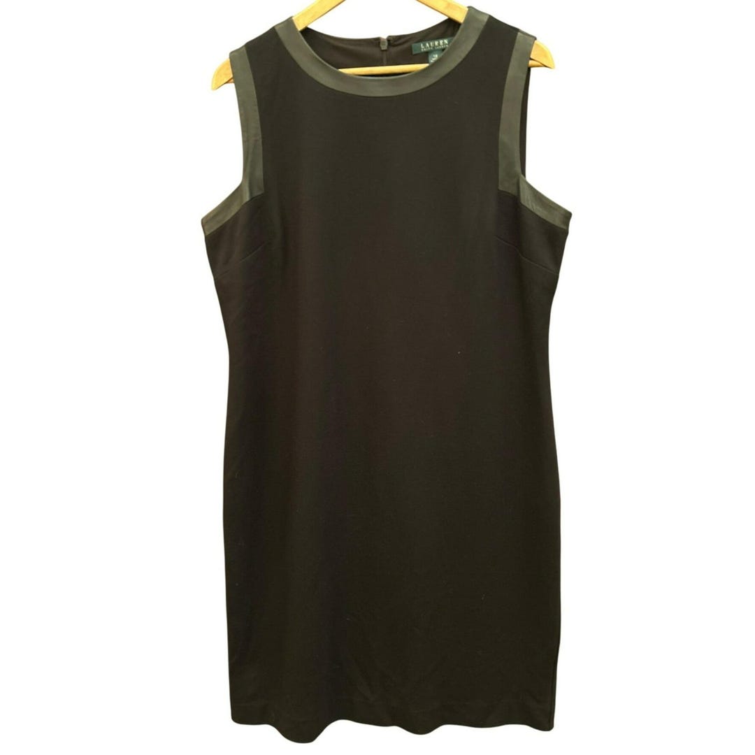 Lauren Ralph Lauren Black Sleeveless Sheath Dress Leather Trim 16 Quiet ...