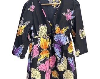 Vintage Y2K Dots Butterfly Print Tunic Top Whimsigoth Fairycore Festival Nature