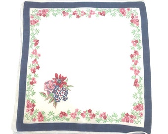 Vintage Floral Border Blue Trim Women's Cotton Handkerchief Petite Hankie