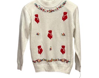 Vintage Margules Teddy Bear Sweater Grandmacore Cottagecore Floral Embroidery