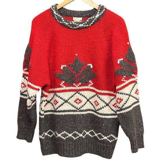 Vintage Nordic Ski Sweater Susann D Red Gray Snowflake Knit 80s Winter Cabin