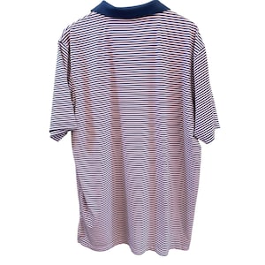 May include: A short-sleeved polo shirt with horizontal stripes in red, white, and navy blue. The collar and sleeve cuffs are navy blue. The shirt is made of a lightweight fabric.