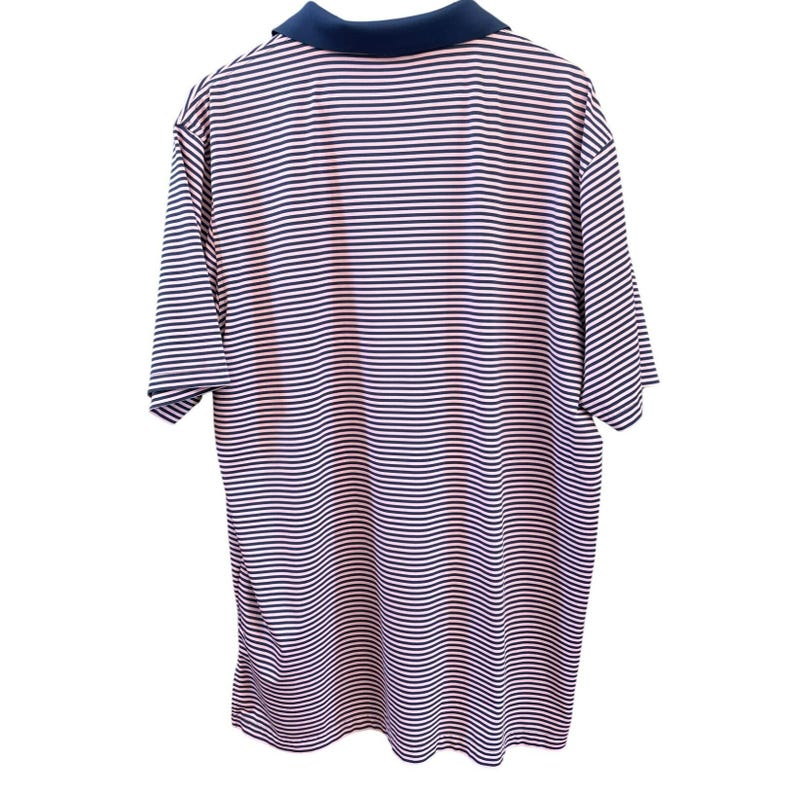 May include: A short-sleeved polo shirt with horizontal stripes in red, white, and navy blue. The collar and sleeve cuffs are navy blue. The shirt is made of a lightweight fabric.