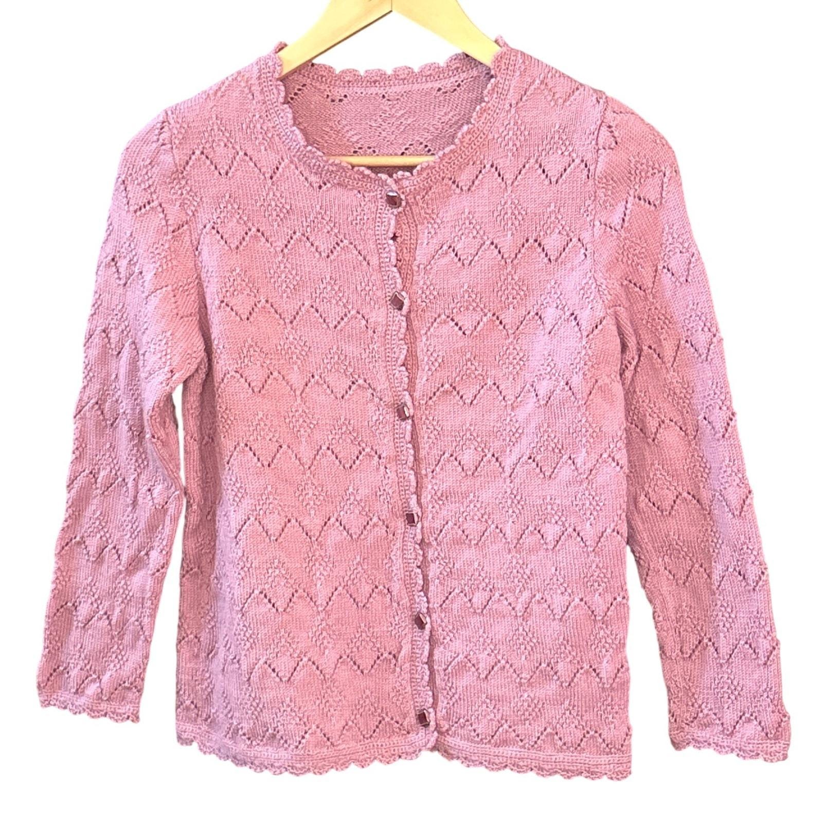 Vintage Pink Pointelle Knit Cardigan Scalloped Button Front