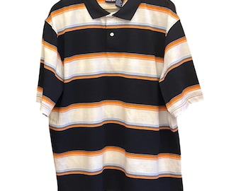 Vintage 90s Bugle Boy Polo Shirt Striped Vintage Retro Preppy Navy Orange XL