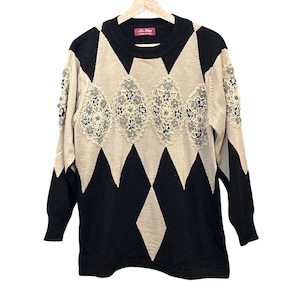 Jersey vintage Lee Shen con apliques de encaje y estampado de rombos, estilo años 80 y 90, talla M/L