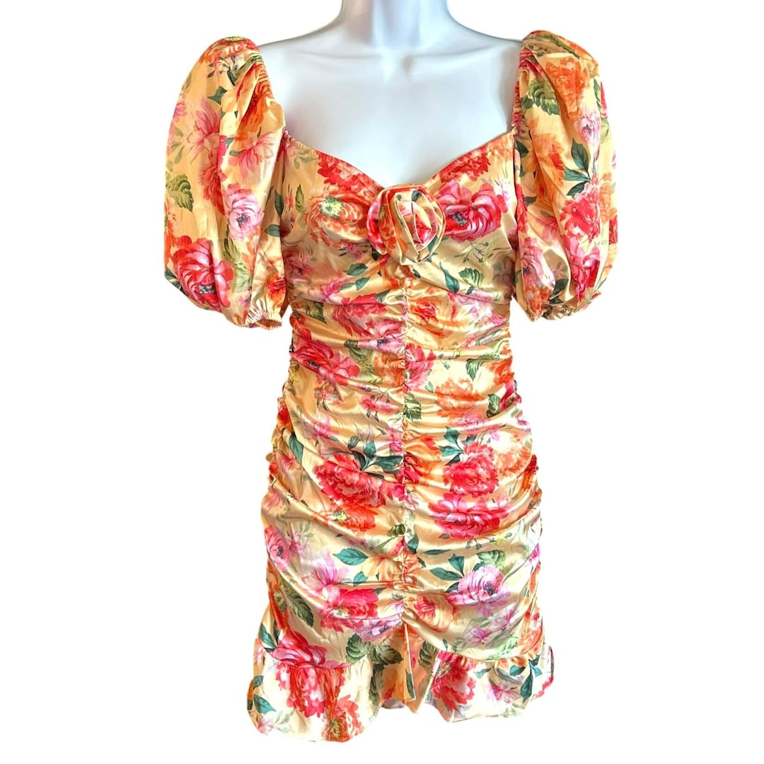 for love and lemons versilla mini dress For Love & Lemons Peach Floral Versilla Mini Dress XS Puff Sleeves Open  Back