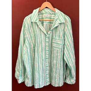 Foxcroft Women Green White Striped Cotton Blend Long Sleeve Shirt Plus Size 24W