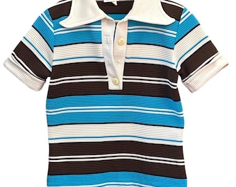 Vintage 70s Caper-Mates Knit Polo Shirt Disco Retro Mod Blue Brown Striped Top