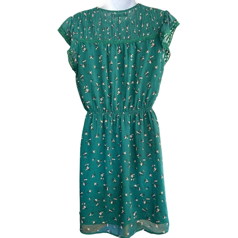 May include: A green floral print dress with a white lace trim around the neckline and short sleeves. The dress has a cinched waist and a flowy skirt.