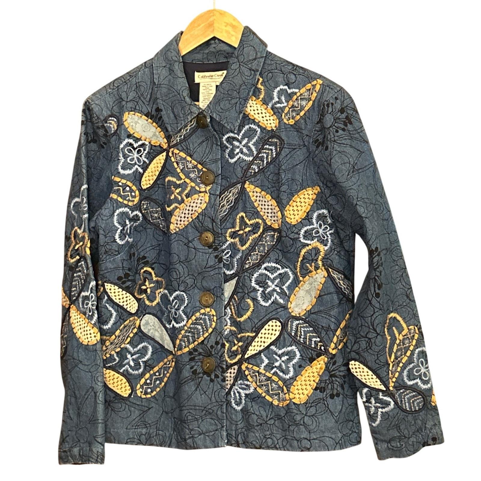 Coldwater Creek Embroidered Applique Jacket M Artsy Boho Folk