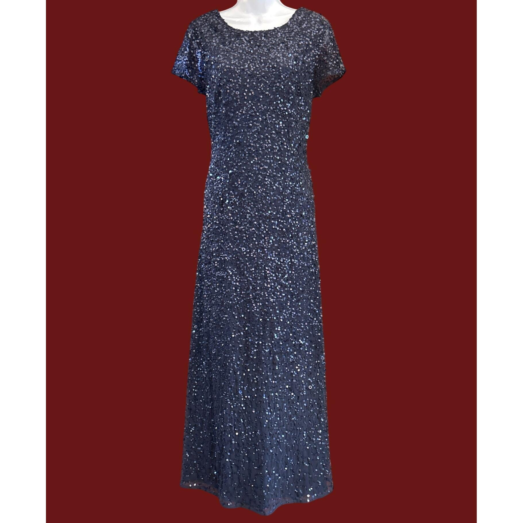 adrianna papell navy blue long dress Adrianna Papell Petite Floral Beaded Gown - Navy/Rosegold