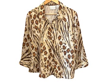 Vintage Alfred Dunner blouse met safari-, mob- en dierenprint, gelaagde, overgangsstijl.