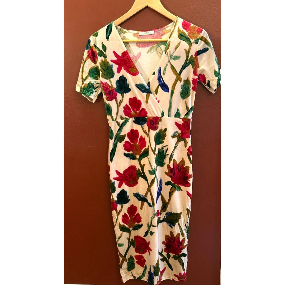 zara trafaluc autumn winter 17 18 dress Cream Red Short Sleeve Crushed Velvet Midi Sz M Empire Waist birthdaydress Ocean Isle Beach Engagement Size:LX