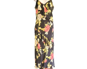Y2K Vintage American Angel Black Pink Floral Maxi Sequin Dress Medium Romantic