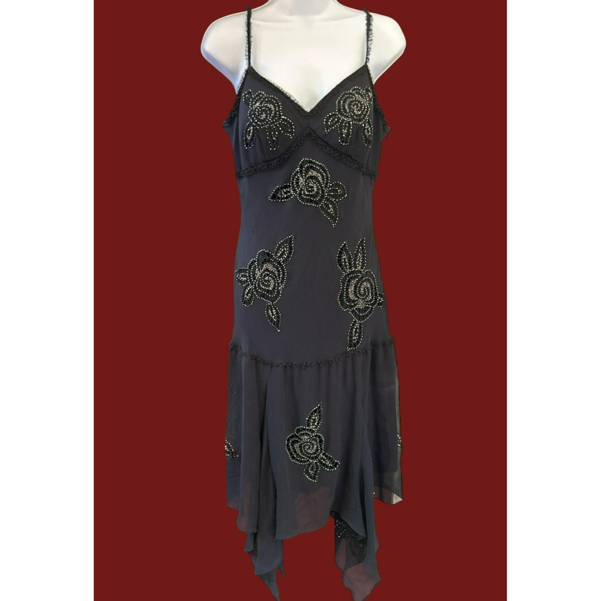 Y2K Vintage Sue Wong Black Floral Beaded 100% Silk Dress Size 12 Whimsigoth