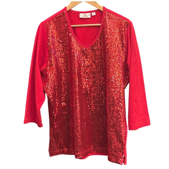 Quacker Factory Red Sequin Front Long Sleeve Top … - image 1