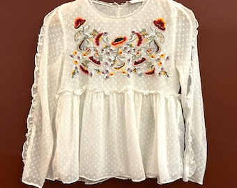 Zara Trafaluc Baby Doll Embroidered Swiss Dot Long Sleeve Blouse Medium Festival