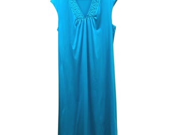 VintageRelaxed Nightgown Sleepwear Retro Loungewear Turquoise Blue Embroidery